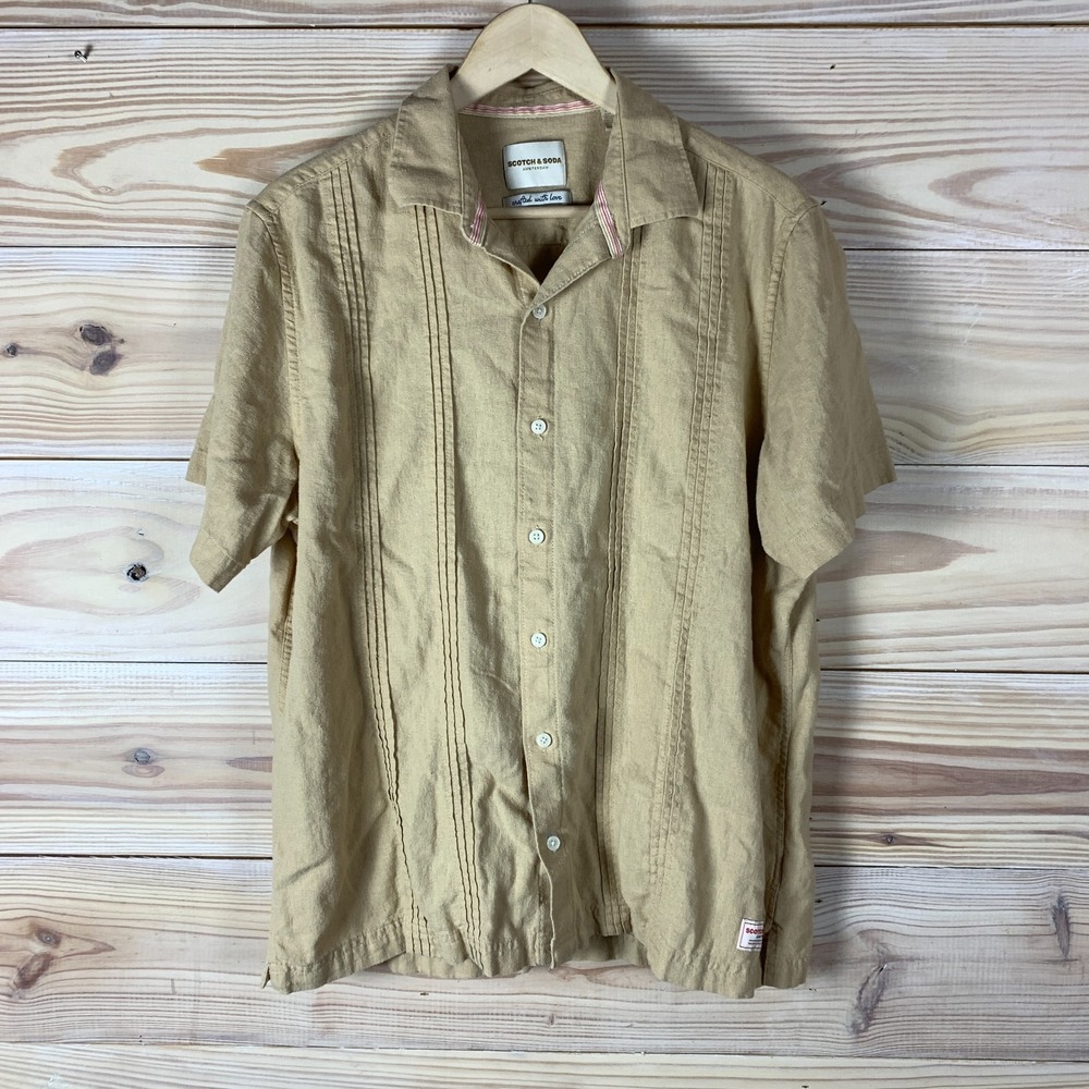 Scotch & Soda Shirt Mens Large Tan Linen‎ Cotton Blend Casual Resort